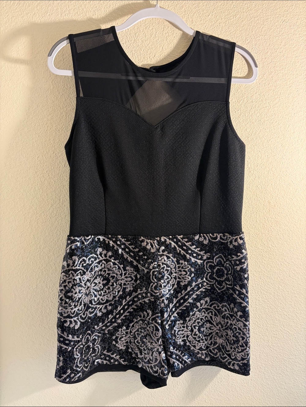 one clothing Black Mesh-Top Romper with Silver Embroidered Shorts